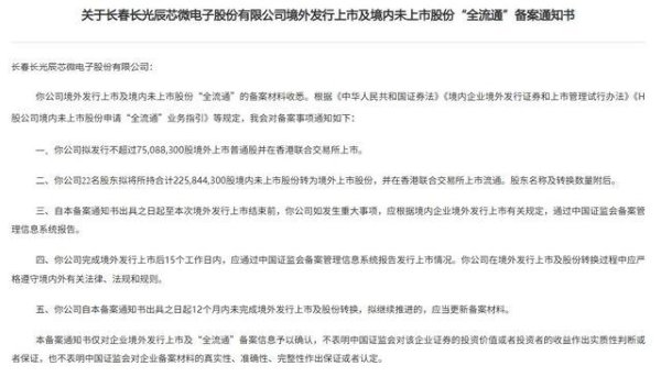 新股消息|长光辰芯港股IPO及境内未上市股份“全流通”获中国证监会备案